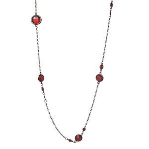 Red Glass Stone Station Necklace Blackened Metal Chain Boho Costume Jewelry